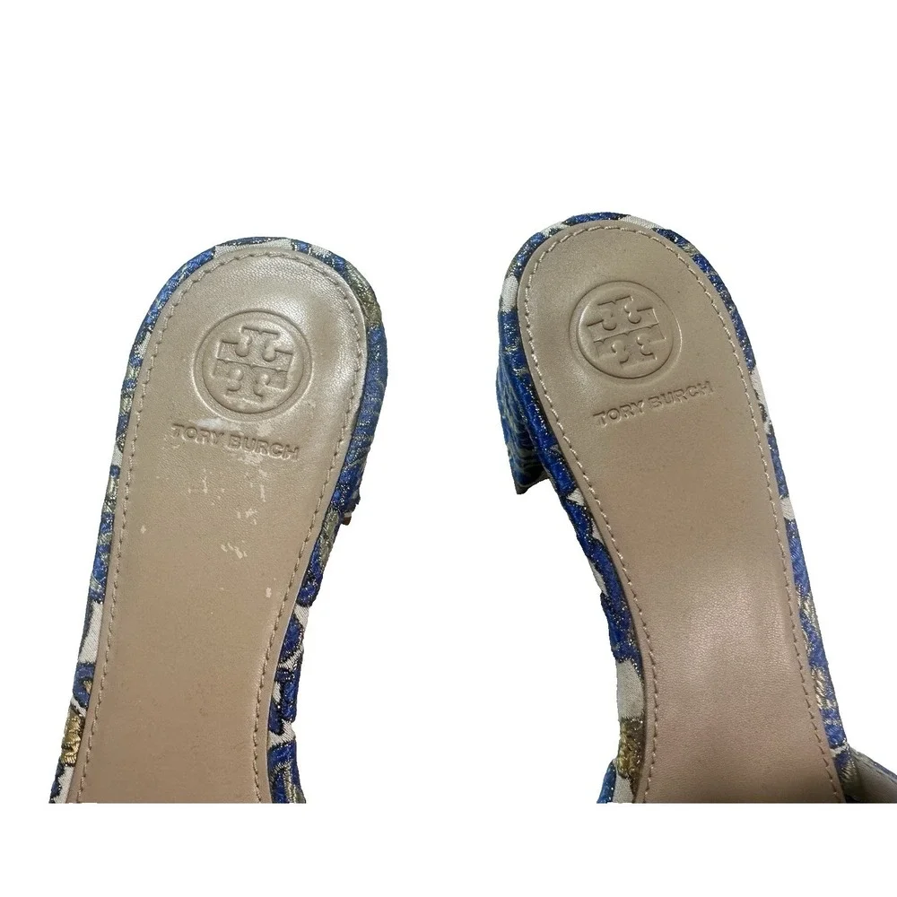 Tory Burch Women's 9 M Valentina Blue Metallic Brocade Crystal Bow Heel Sandals